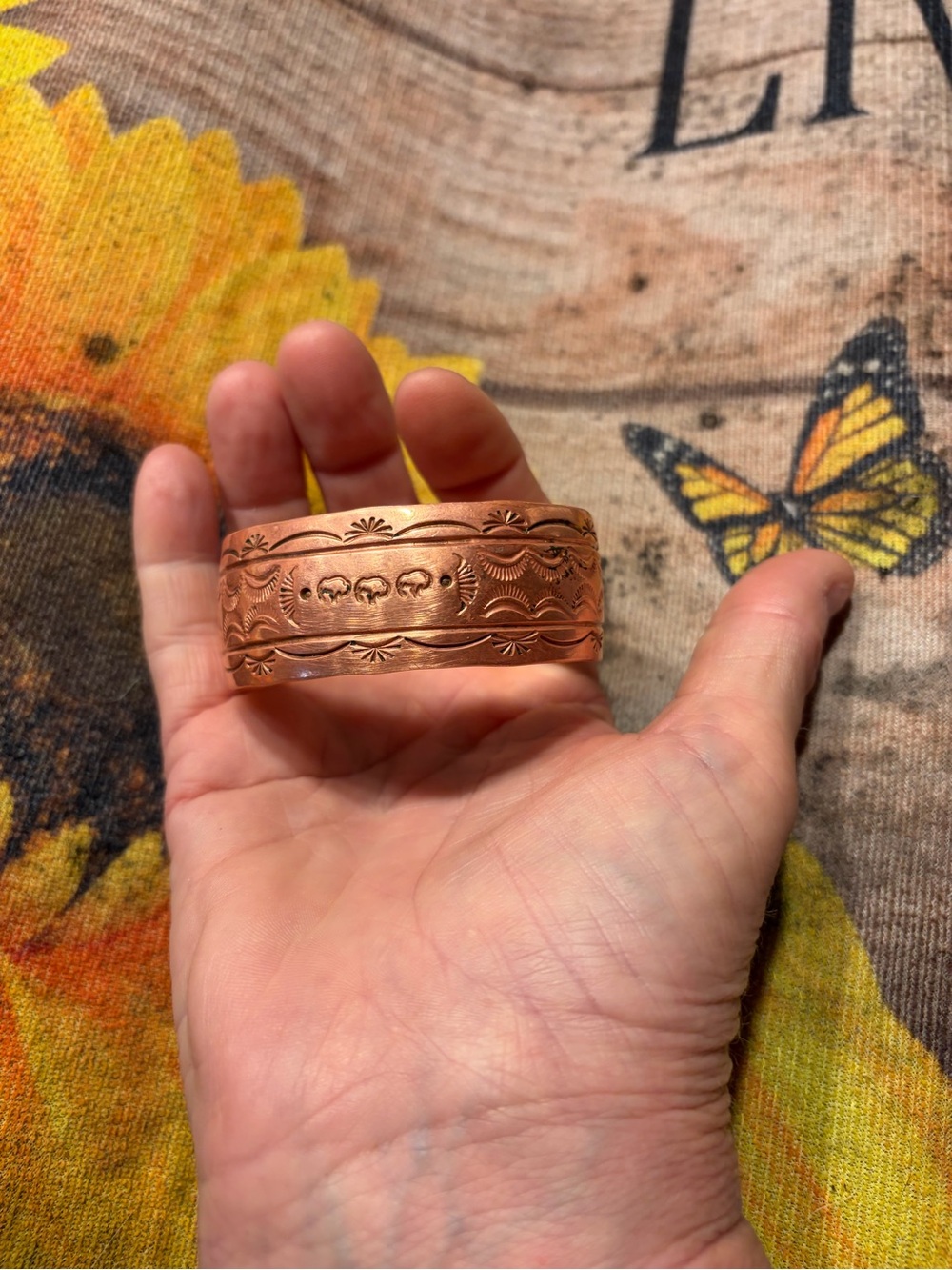 Copper Stamped Floral Cuff Bracelet - Copper Color